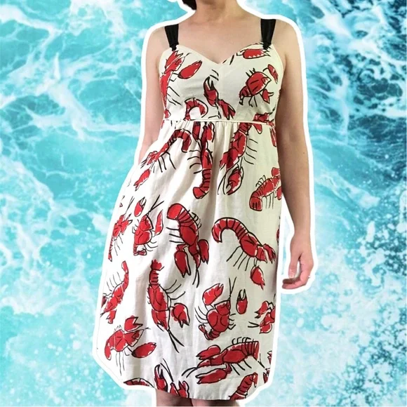 NWT Anthropologie Edme Esyllte Salty Seas Lobster Print Cream Dress Size 8